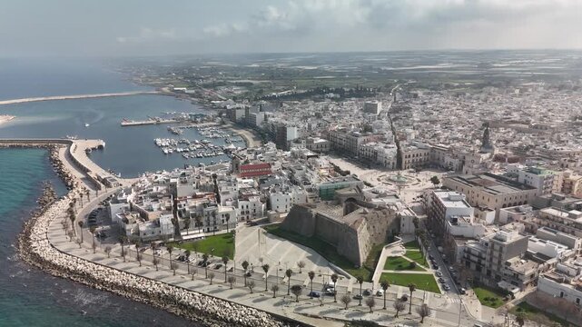 Aerial Drone View of Mola di Bari Coastal Town in Puglia, Italy