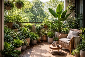 Naklejka premium Balcony green garden created by replanting a variety of plants in stylish pots at home
