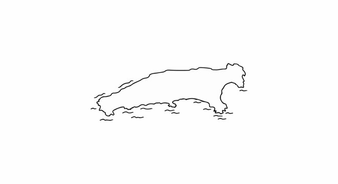 Outline of an island with stylized waves lapping at its shores