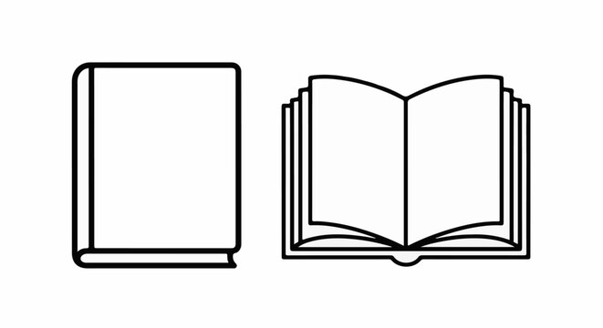 Outline of a closed book and an open book on a white background