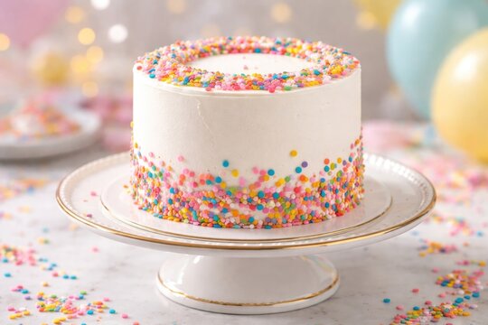 Cute small white cake adorned with bright funfetti sprinkles on an elegant serving plate