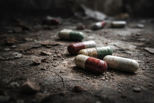 Capsules left on deteriorated background representing drug scarcity and neglect