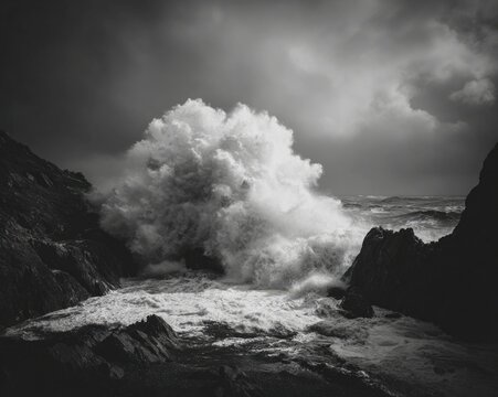 A dramatic seascape of a powerful wave crashing against a rugged coastline, spray flying, moody grey sky, raw power of nature.