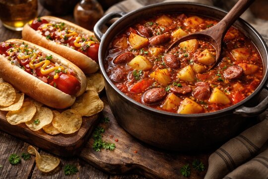 Hungarian style potato goulash stew paired with a cost effective hot dog
