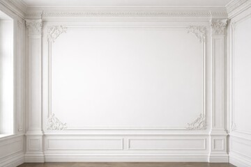 Fototapeta premium Decorative molding on smooth white interior wall providing extensive copy space