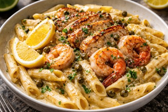 Creamy penne pasta featuring tender chicken and shrimp piccata with lemon wedges and caper topping