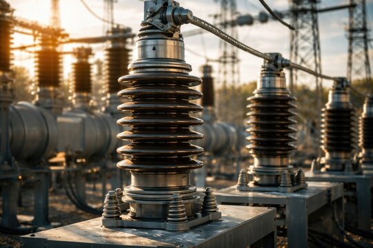 Focused image highlighting electrical insulation for high voltage at power grid substation