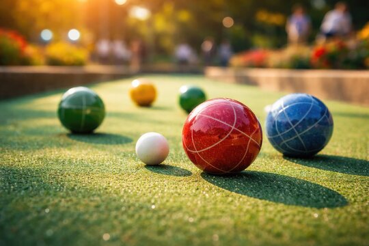 Energetic bocce balls displayed on a lively green playing court with colorful tones and a bokeh depth effect outdoors