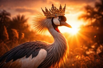 Obraz premium Impressive crowned crane with metallic golden crown in a radiant sunset atmosphere