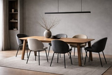 Fototapeta premium Contemporary dining room with minimalistic wooden table and designer chairs accented by a gray background wall