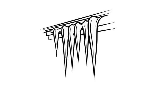 Stylized black and white illustration of icicles hanging from a roof edge