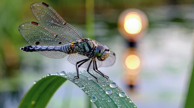 Macro shot of a dragonfly resting on a dewy leaf with bokeh background.