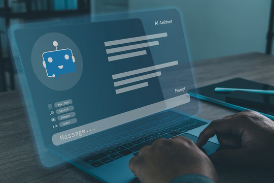 Hands typing on laptop keyboard while engaging with AI assistant interface displaying prompt and message fields, representing text generation, chatbot communication, and digital interaction workflow i