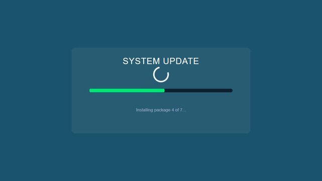 Animated system update progress bar installing software on a digital display