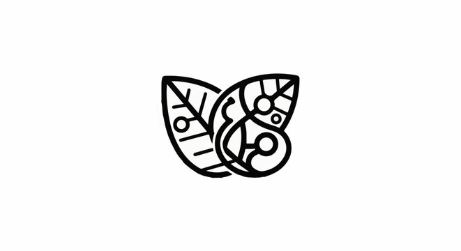 Abstract organic design combining leaf and circular patterns, black outline