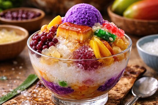 Chilled Filipino Halo Halo dessert topped with shaved ice and multiple sweets