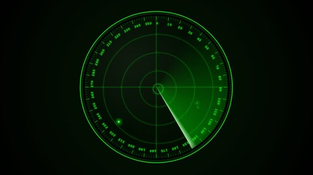 Green radar display screen scans for multiple contacts with a rotating sweep line indicating detection range and directional azimuth markings on its circular interface