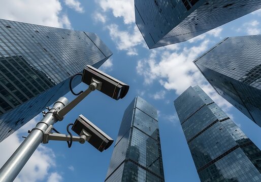 Security cameras mounted on a pole with modern skyscrapers in the background
