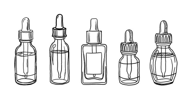 Hand drawn line art illustration of five different dropper bottles for skincare serum, essential oils, and cosmetics.