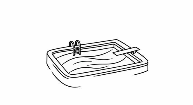 A simple line drawing of an empty swimming pool with a ladder and diving board