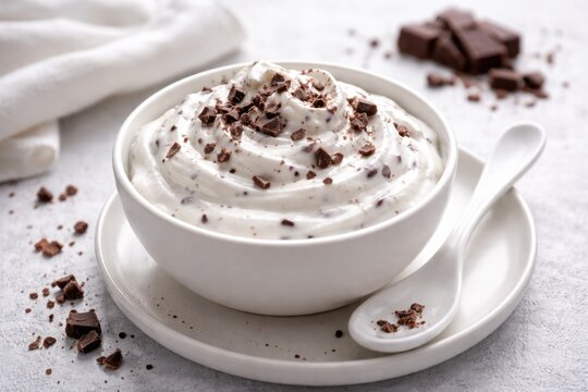Fresh stracciatella yogurt served in a compact bowl alongside a modern white utensil