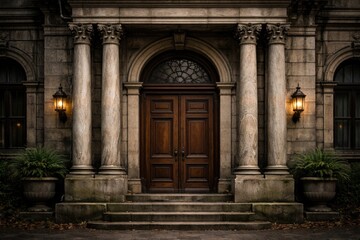 Fototapeta premium Old building facade featuring wooden door and dual marble pillars