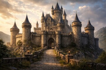 Fototapeta premium Imaginative medieval castle concept showcasing grand stone walls and towers