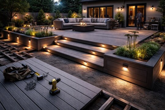 Ash grey composite decking installation on two levels enhanced by discrete low voltage deck lighting