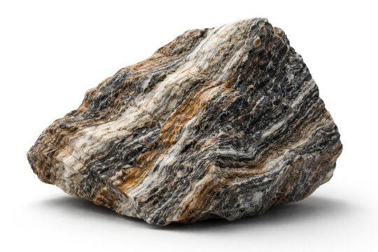 Natural gneiss rock fragment showcased over white backdrop