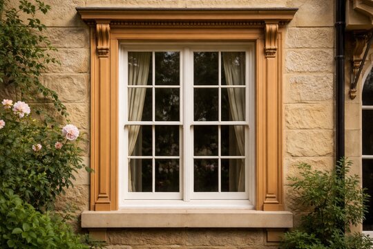 Classic glazed sash window set in wooden frame on heritage style house exterior
