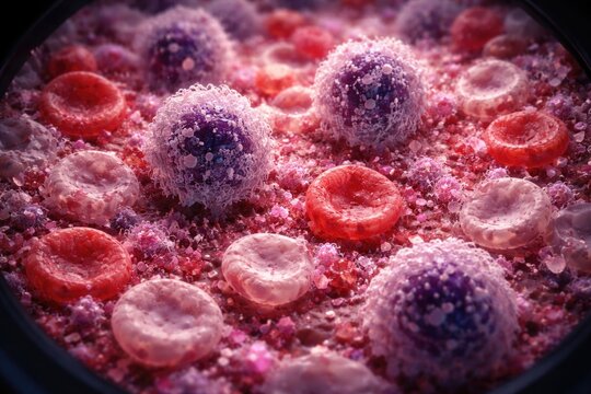 Detailed microscopic examination of blood cells affected by acute leukopenia and thrombocytopenia