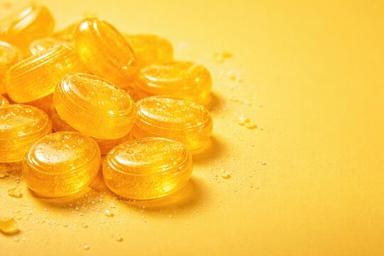 Bright yellow sweet hard candy accompanied by copy space
