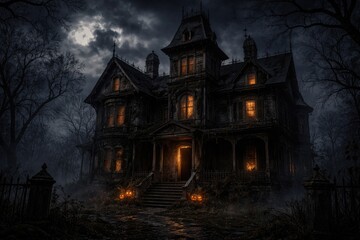 Obraz premium Frightening haunted house with aged exterior set for horror themed gatherings