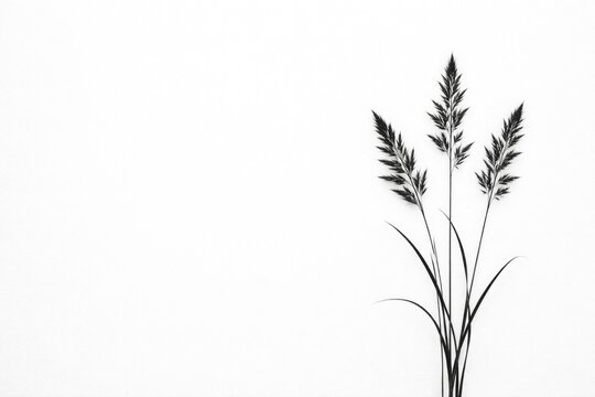 Black grass silhouettes triplet on a bright white matte background texture with copy space