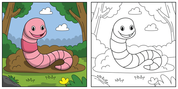Black and white cartoon worm character (vector illustration), coloring book for children.