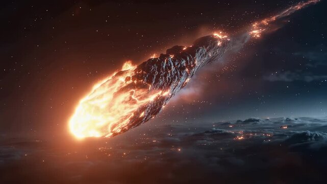 Fiery meteor travels through dark space, leaving trails of light behind in a vast and empty cosmos