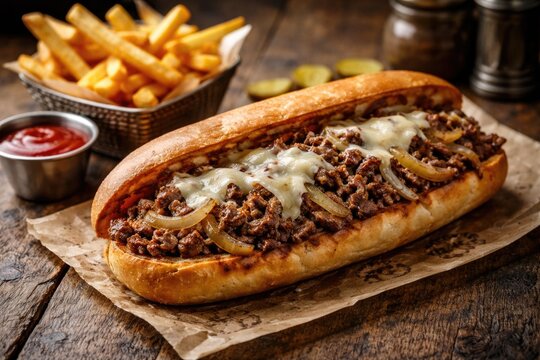 Classic cheesesteak featuring steak cheese onions served on toasted hoagie roll with side of french fries on rustic table