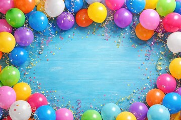 Obraz premium Cheerful balloon display on blue painted wood surface suitable for party backdrop and copy space