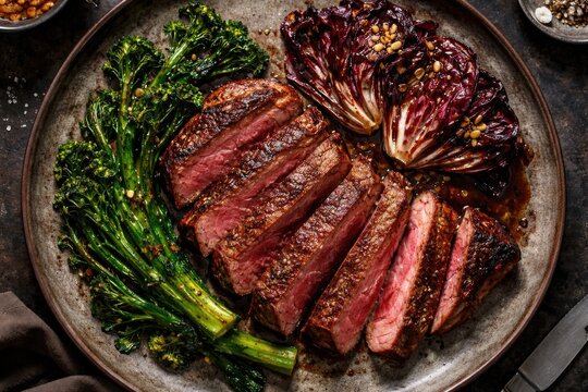 Birds eye view of seared wagyu picanha steaks with wilted broccoli rabe and caramelized radicchio