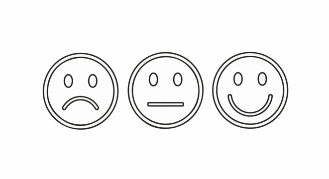 Three simple line drawings of faces sad, neutral, and happy