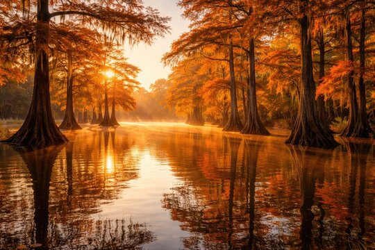 Golden hour over placid waters with bright fall foliage on cypress trees creating serene mood