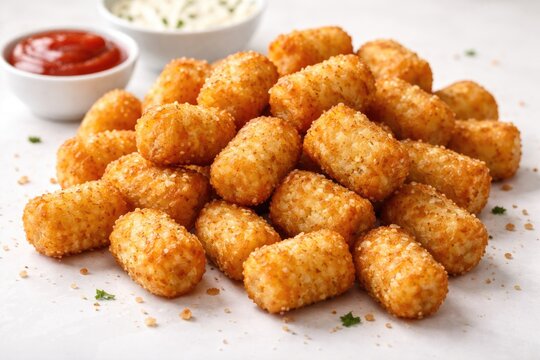 A tempting heap of crunchy golden tater tots displayed on a clean white surface
