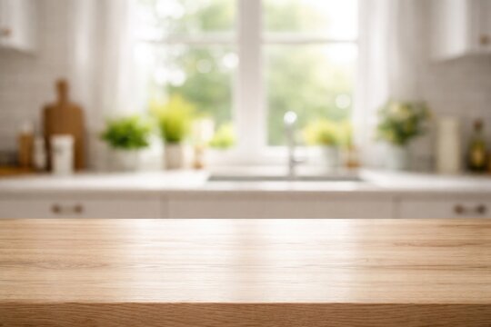 Clean empty table against softly blurred kitchen window for product presentation