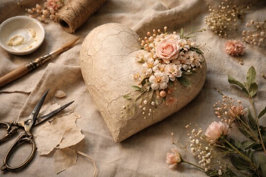 Crafts concept featuring paper mache heart and floral elements displayed on fabric material