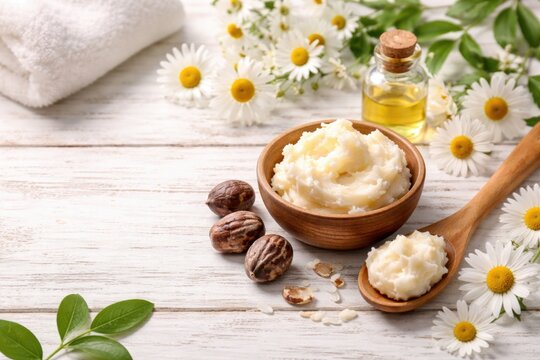 Copy space background featuring white wood and natural shea butter with chamomile