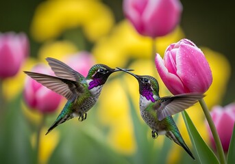 Obraz premium Two vibrant annas hummingbirds hovering and interacting near a beautiful pink tulip in a colorful spring garden