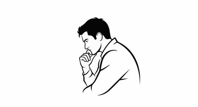 A man in profile, hand to chin, in deep thought