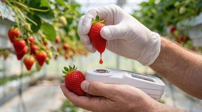 Agronomist using digital refractometer to check strawberry sugar level in modern greenhouse. Professional specialist performing quality analysis for food sector-specific manufacturer unit.