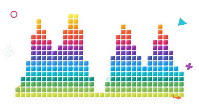 Animated audio equalizer with colorful blocks moving to sound frequencies and playful geometric shapes floating around the display in a cheerful and lively manner representing music and digital d