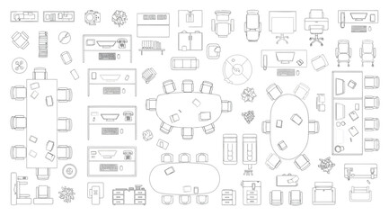 Top view of office furniture symbols for interior design and architectural floor plans © S.Siam